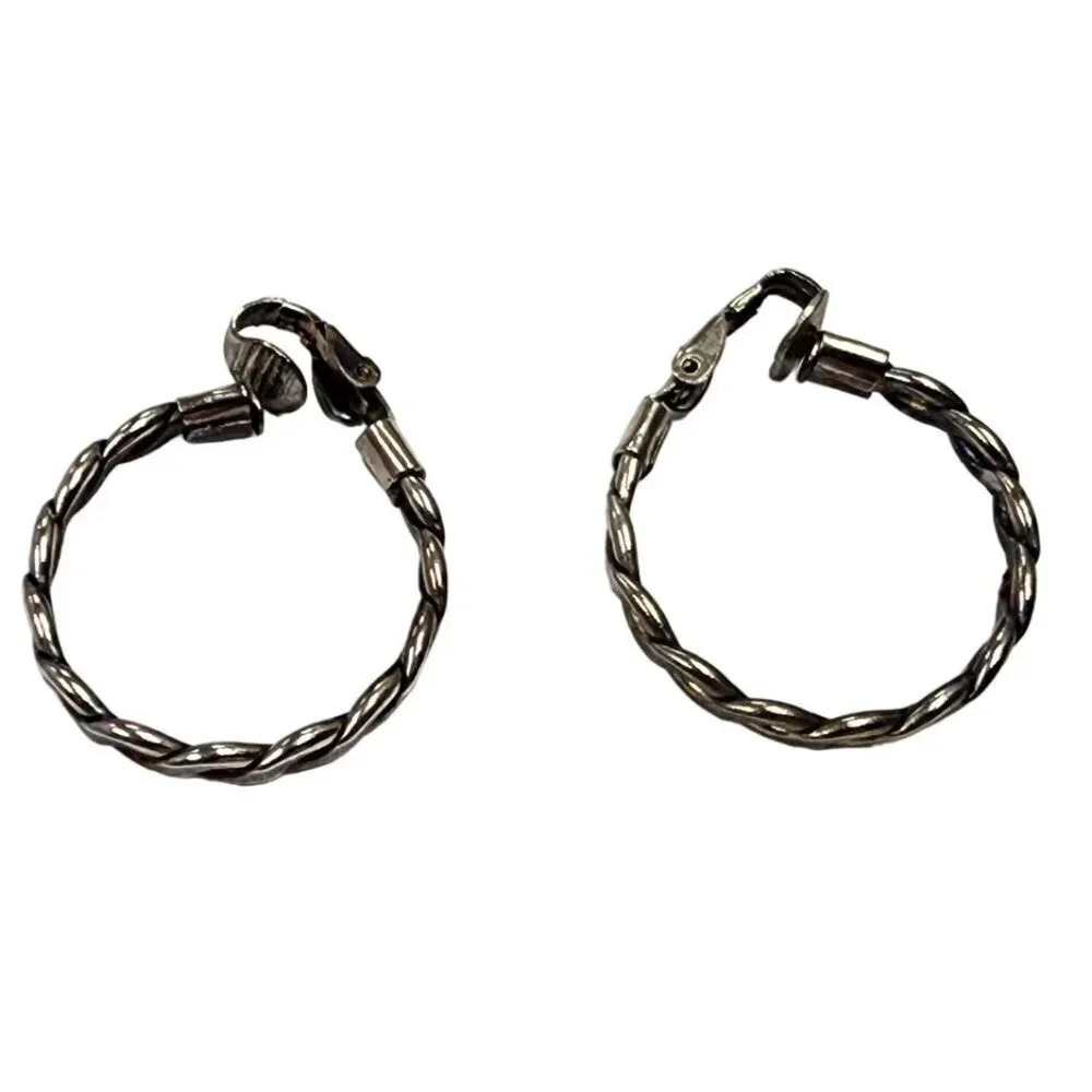 Vintage 60s-70s Twisted Spiral Hoop Earrings Silver Tone Clip on
